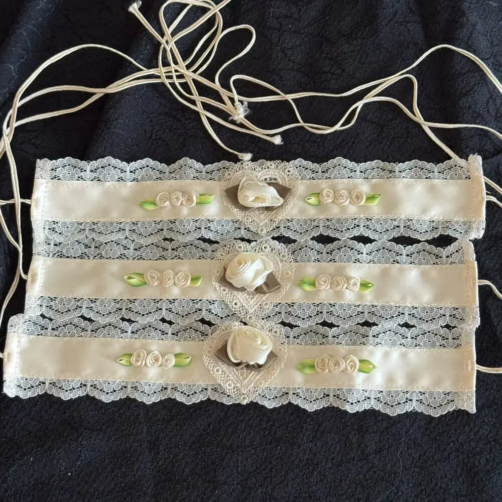 Bridal Lace Ribbon Choker Necklace Handmade Cream Rosette Anna Konya Wedding VNT